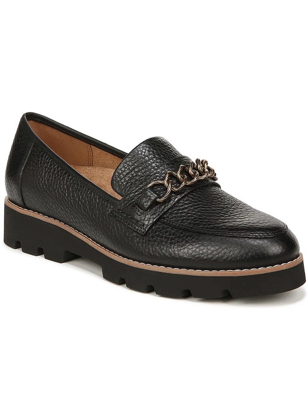 Vionic Emalyn Loafers Black Pebbled Leather Chunky Lug Sole Gold Chain Women 9.5